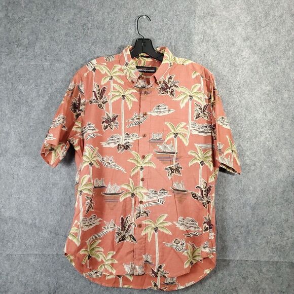 Reyn Spooner Hawaiian Shirt Men Large Palm Tree Village Beach Reverse Print Leaf